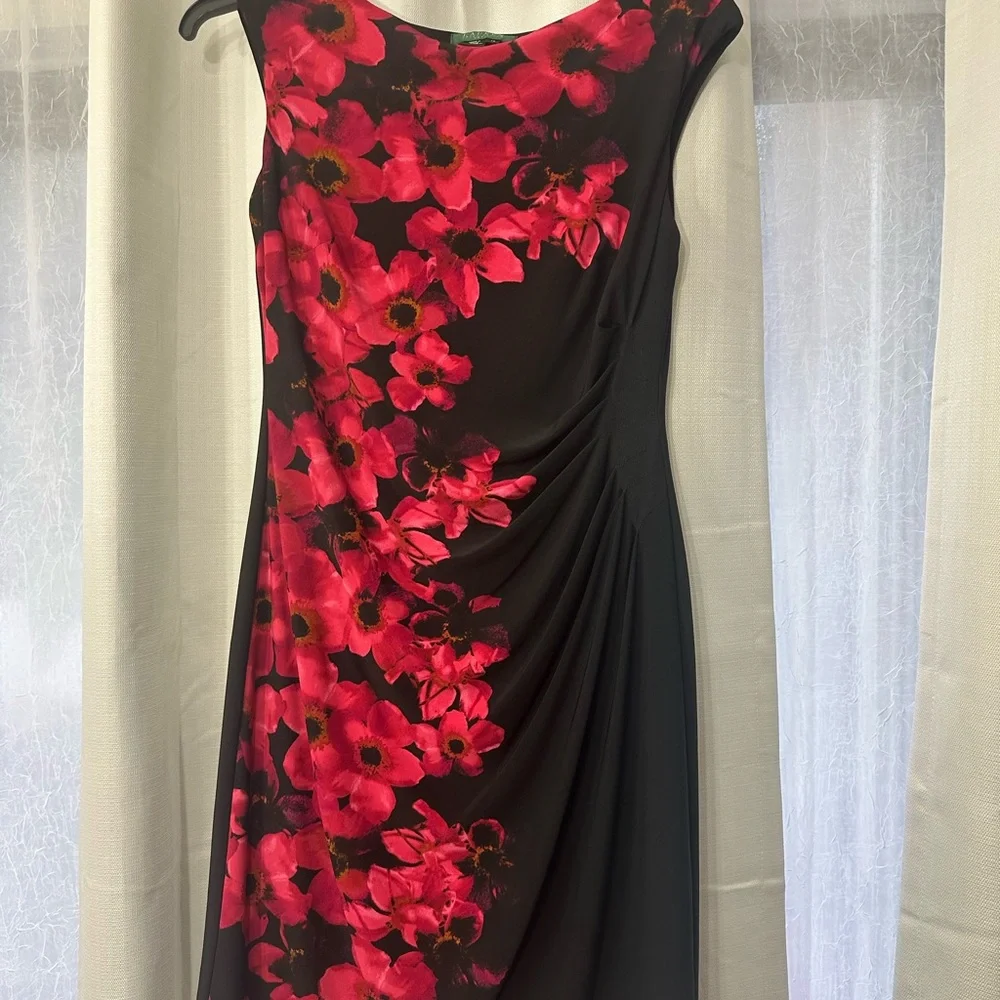 Ralph Lauren Asymmetrical Dress in Black with Pink Floral - Picture 1 of 4